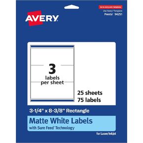 ملصقات مستطيلة بيضاء غير لامعة من Avery مع تغذية مؤكدة، 3-1/4 بوصة × 8-3/8 بوصة، 75 ملصق أبيض غير لامع قابل للطباعة