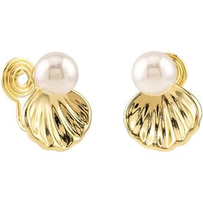 Clip on Seashell Pearl Cuff Wrap Earrings for Women Girls Non Pierced Ear Dainty Gold Plated Shell Fake Stud Earring Hypoallergenic Fashion Trendy Summer Holiday Beach Jewelry Gift