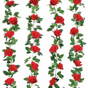 SWSTINLING 4 pack 32FT Red Flower Garland Rose Flower Banners Artificial Aesthetic Flowers for Wedding Arch Party Garden Craft Room Décor(Red)
