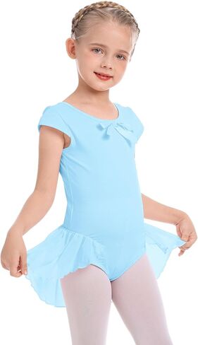IDOPIP الفتيات قصيرة الأكمام فستان رقص الباليه Bowknot الشيفون توتو متجنب يوتار راقصة الباليه Dancewear الجمباز زي in Saudi Arabia