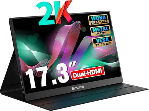 شاشة Bimawen المحمولة مقاس 17.3 بوصة 2K IPS 2560x1440 100% sRGB HDR FHD FreeSync، شاشة HDMI USB من النوع C، PS4/Switch/PC/Mac/متوافق، مكبر صوت مدمج (1440 بكسل) in Saudi Arabia
