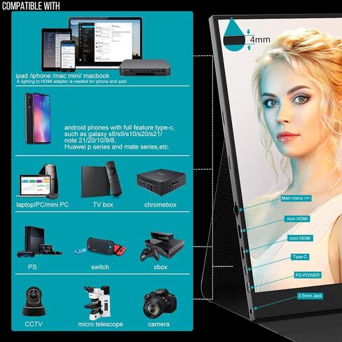 شاشة Bimawen المحمولة مقاس 17.3 بوصة 2K IPS 2560x1440 100% sRGB HDR FHD FreeSync، شاشة HDMI USB من النوع C، PS4/Switch/PC/Mac/متوافق، مكبر صوت مدمج (1440 بكسل) in Saudi Arabia