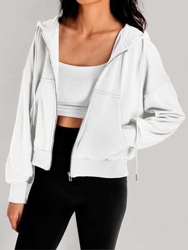 Trendy Queen Hoodies for Women Full Zip Up Cropped Sweatshirts Casual Hooded Pullover Sweaters Tops Fall Winter Clothes 2023 in Saudi Arabia