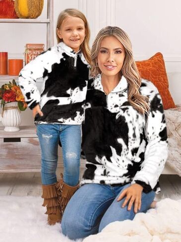 EARKOHA Womens Plus Size Long Sleeve Casual Zip Collar Cow Print Fleece jacket Tops in Saudi Arabia