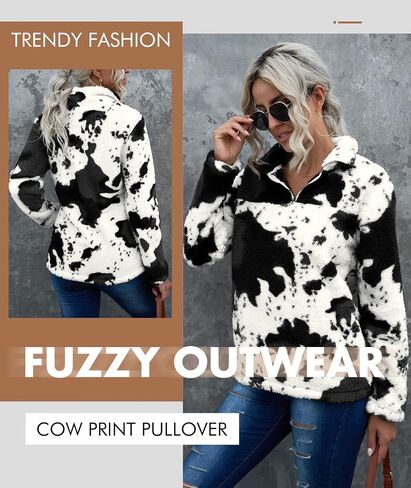 EARKOHA Womens Plus Size Long Sleeve Casual Zip Collar Cow Print Fleece jacket Tops in Saudi Arabia