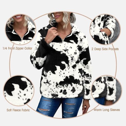 EARKOHA Womens Plus Size Long Sleeve Casual Zip Collar Cow Print Fleece jacket Tops in Saudi Arabia
