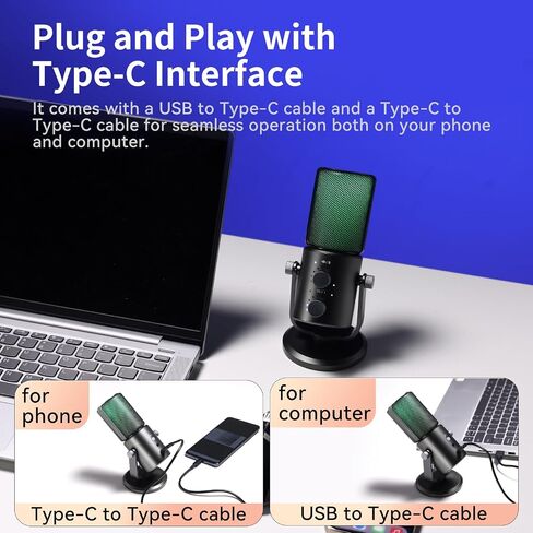 ULANZI DCM-05 ميكروفون ألعاب الكمبيوتر الشخصي، ميكروفون USB مكثف لسطح المكتب للبودكاست، ميكروفون بث كمبيوتر الهاتف مع ضوء RGB، زر كتم الصوت، مقبس سماعات الرأس، حامل سطح المكتب، التوصيل والتشغيل in Saudi Arabia