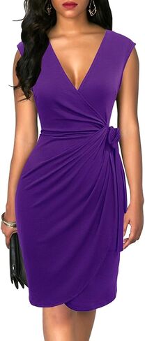 Berydress Women's Vintage V-Neck Sheath Casual Party Work Faux Black Wrap Dress in Kuwait