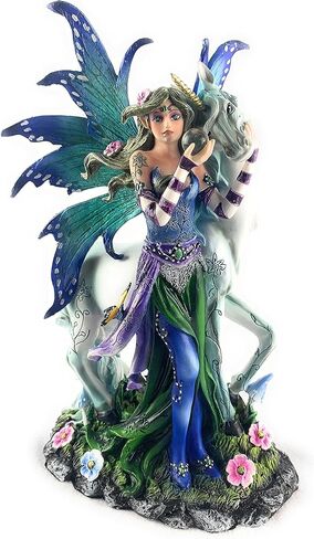 تمثال جنية لطيف مع وحيد القرن يستمتع بالطبيعة محاطة بالزهور، تمثال خرافي قابل للتجميع، منحوتة ديكور خيالية، أزرق وأخضر، 6 (طول) 4 (عرض) 10 (ارتفاع) بوصة in Kuwait