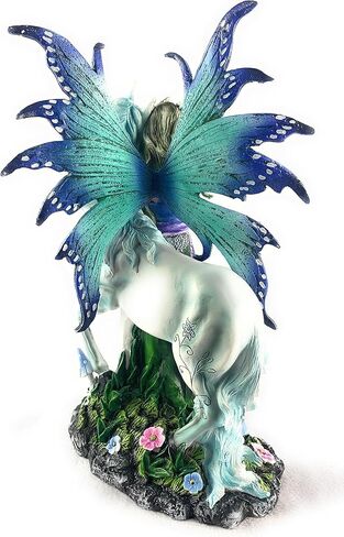 تمثال جنية لطيف مع وحيد القرن يستمتع بالطبيعة محاطة بالزهور، تمثال خرافي قابل للتجميع، منحوتة ديكور خيالية، أزرق وأخضر، 6 (طول) 4 (عرض) 10 (ارتفاع) بوصة in Kuwait