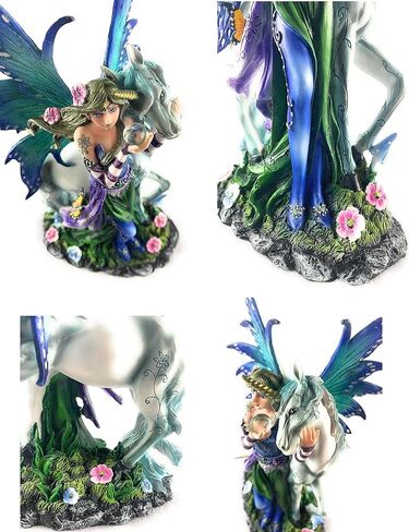 تمثال جنية لطيف مع وحيد القرن يستمتع بالطبيعة محاطة بالزهور، تمثال خرافي قابل للتجميع، منحوتة ديكور خيالية، أزرق وأخضر، 6 (طول) 4 (عرض) 10 (ارتفاع) بوصة in Kuwait