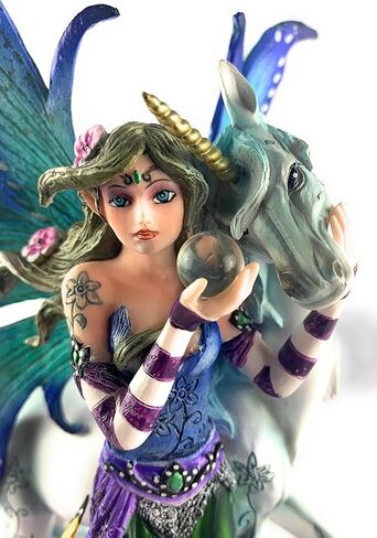 تمثال جنية لطيف مع وحيد القرن يستمتع بالطبيعة محاطة بالزهور، تمثال خرافي قابل للتجميع، منحوتة ديكور خيالية، أزرق وأخضر، 6 (طول) 4 (عرض) 10 (ارتفاع) بوصة in Kuwait