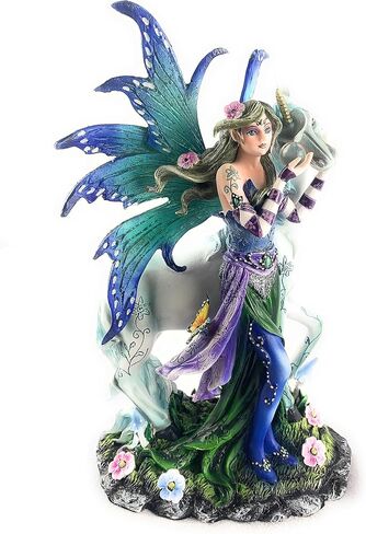 تمثال جنية لطيف مع وحيد القرن يستمتع بالطبيعة محاطة بالزهور، تمثال خرافي قابل للتجميع، منحوتة ديكور خيالية، أزرق وأخضر، 6 (طول) 4 (عرض) 10 (ارتفاع) بوصة in Kuwait