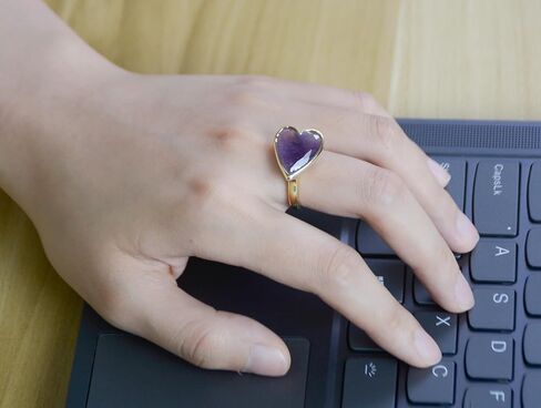 Amethyst Ring, Heart Shape Amethyst Crystal Ring for Women, Handmade Adjustable Gold Crystal Rings for Amethyst Jewelry, February Birthstone Ring for Her. (amethyst) in Saudi Arabia