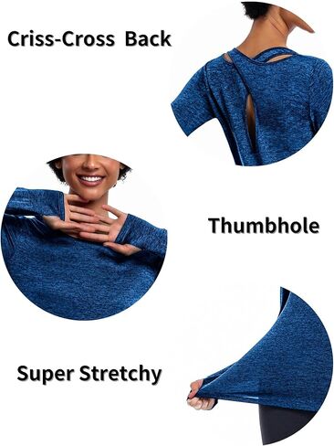 قمصان رياضية للسيدات من ADOME بأكمام طويلة وقمصان للتمرين متقاطعة من الخلف للمشي لمسافات طويلة والجري وملابس رياضية سريعة الجفاف وممتصة للرطوبة، أزرق صغير in Kuwait