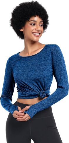 قمصان رياضية للسيدات من ADOME بأكمام طويلة وقمصان للتمرين متقاطعة من الخلف للمشي لمسافات طويلة والجري وملابس رياضية سريعة الجفاف وممتصة للرطوبة، أزرق صغير in Kuwait