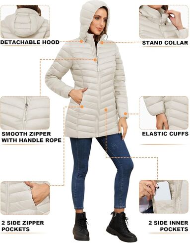 ROYAL MATRIX Women's Packable Puffer Coat - Lightweight Puffer Jacket Winter Warm Long Puffer Coat with Detachable Hood in Kuwait
