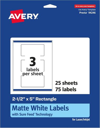 Avery Matte White Rectangle Labels with Sure Feed, 2.5" x 5", 75 Matte White Printable Labels in Saudi Arabia