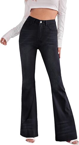 SweatyRocks Women's Casual Denim Pants Heart Print High Waist Stretchy Bell Bottom Flared Jeans in Saudi Arabia