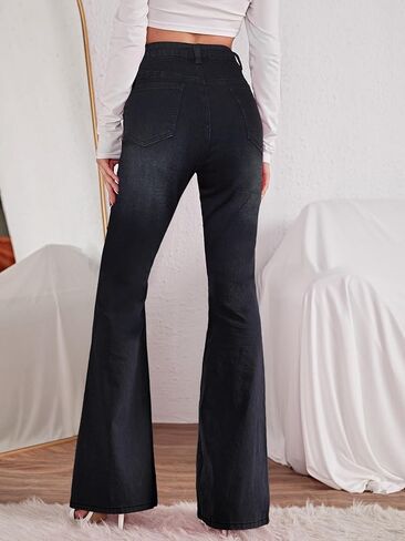 SweatyRocks Women's Casual Denim Pants Heart Print High Waist Stretchy Bell Bottom Flared Jeans in Saudi Arabia