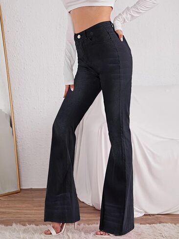SweatyRocks Women's Casual Denim Pants Heart Print High Waist Stretchy Bell Bottom Flared Jeans in Saudi Arabia