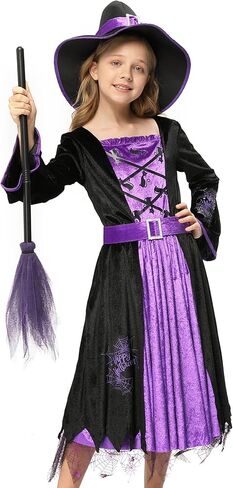 Acekid girls Witch Costume for Girls Kids, Fairytale Witch Halloween Costume Dress Up With Hat in Saudi Arabia