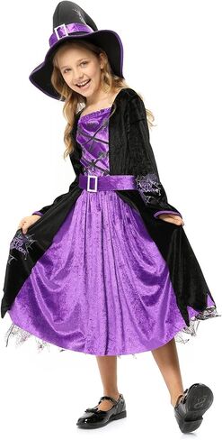 Acekid girls Witch Costume for Girls Kids, Fairytale Witch Halloween Costume Dress Up With Hat in Saudi Arabia