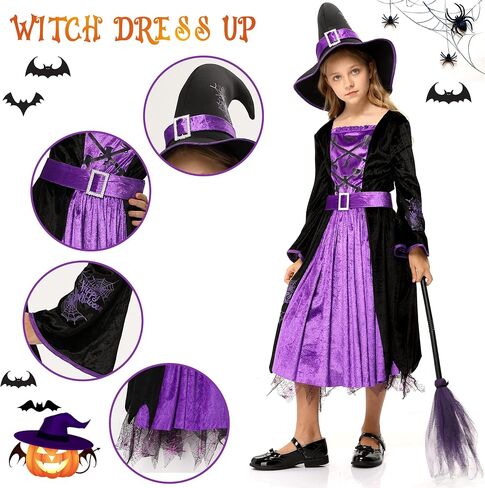 Acekid girls Witch Costume for Girls Kids, Fairytale Witch Halloween Costume Dress Up With Hat in Saudi Arabia