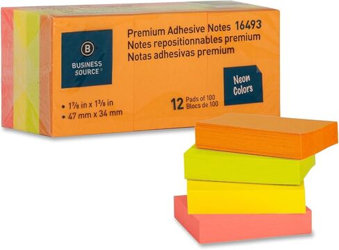 Business Source 16493 ملاحظات لاصقة عادية 1-1/2 بوصة × 2 بوصة 100 Sh/PD 12PD/PK نيون in Saudi Arabia
