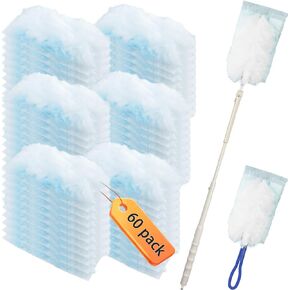 60 pcs 180° Duster Refills Compatible with Swiffer Dusters 180 Handle Dusters, Heavy Duty Duster Replacement with 2 Extra Handle, Unscented (60 Count Refills+2 Handle)