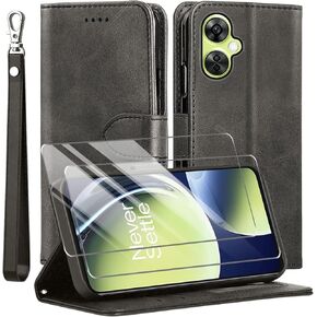 for OnePlus Nord N30 Case and Tempered Glass Screen Protector, PU Leather Flip Cover Wallet Phone Case Protector [Full Protection] [Card Slots] [Kickstand] for OnePlus Nord CE 3 Lite 5G, Black
