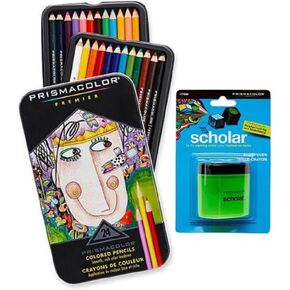 قلم رصاص ملون ناعم من Prismacolor Premier، مجموعة من 24 لونًا متنوعًا (3597T) + مبراة أقلام الرصاص الملونة Prismacolor Scholar (1774266)