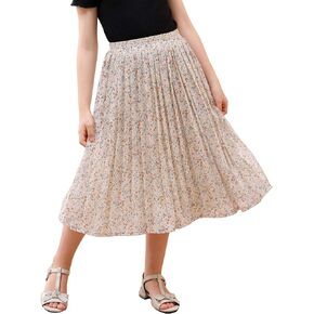 GORLYA Girls Chiffon Pleated Elastic High Waist A-Line Boho Swing Maxi Long Skirt 4-14T