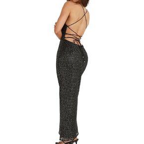 Just Quella Women Maxi Dress Satin Strappy Backless Evening Party Dress with Slit