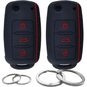 GFDesign 2Pcs Silicone Flip 3 Buttons Key Fob Cover Remote Case Keyless Protector Compatible with VW Volkswagen Passat CC Tiguan Touareg Eos Eurovan Golf GTI Jetta Beetle Rabbit - Black with Red