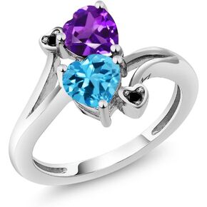 Gem Stone King 925 Sterling Silver Purple Amethyst Swiss Blue Topaz and Black Diamond Ring For Women | 1.63 Cttw | Heart Shape 6MM | Gemstone Birthstone | Available In Size 5, 6, 7, 8, 9