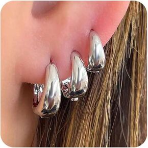 Ritach 3 Pairs Silver Square Hoop Earrings for Women,Chunky Minimalist Geometric 925 Silver Huggie Hoop Earrings for Girls