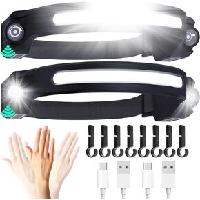 Headlamp Rechargeable 2PCS, Waterproof Head Light Flashlight, 2 XPE LED and COB LED Head Lamp, 260° Wide Beam Head Lamp, 6Mode Headlamps for Adults, Camping essentials, Fishing, Repairing, Running