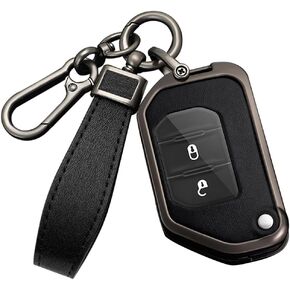 HIBEYO Folding Key Fob Cover for Jeep Wrangler JL JLU Gladiator 4XE 2018-2021 Accessories with Keychains Alloy PU Leather Material Key Case Protector-Black Black