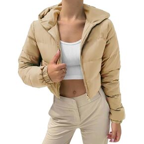Arssm Womens Cropped Puffer Jacket Casual Fashion Hooded Zipper Long Sleeve Winter Bubble Coat