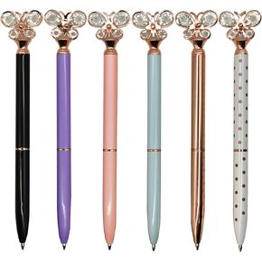 6 PCS Fanshion Butterfly Pens Bling Diamond Ballpoint Pens Luxury Metal Twist Pens 1.0mm Black Ink Ballpoint Pens For School Office Home Party Christmas Birthday