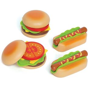 Hape Hamburger and Hot Dogs Wooden Play Kitchen Food Set with Accessories