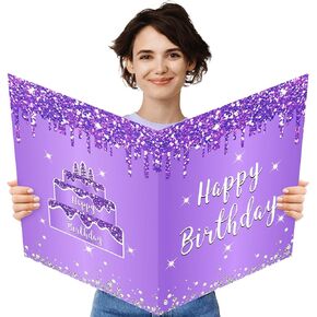 Jumbo Birthday Card with Envelope, Giant Guest Book Happy Birthday Greeting Cards for Girls Women, Large Birthday Card Gifts Party Supplies, Purple Silver Extra Big Birthday Card Decor