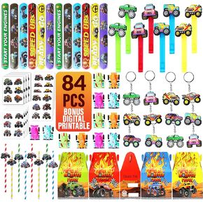 Monster Truck Party Favor 84 PCS Monster Truck Mini Pull Cars Treat Box Slap Bracelets Keychain Bubble Paper Straws Gift Rewards for Kids Birthday Supply