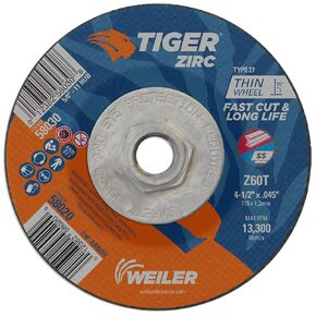 Weiler 57020 4-1/2 Inch Cutting Wheel, Tiger AO Steel/Metal Long Life Performance Cutting, .045" A60T Type 1 7/8" Arbor, Pack of 25