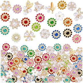 360 Pcs Flower Rhinestones Buttons Sets DIY Flat Back Flower Shaped Rhinestones Buttons, Faux Pearl Embellishments Buttons Crystal Glass Beads for Jewelry Making Wedding Home Decoration
