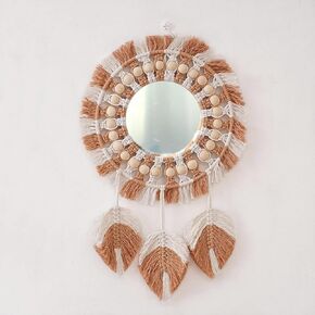 Macrame Wall Hanging Mirror, Boho Wall Mirror with Leaf Tassels and Wooden Bead, Hand-Woven Wall Decor Mirror for Bedroom Living Room Entryway (Beige)