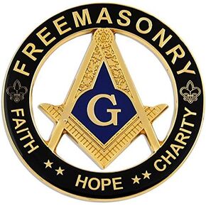 Faith Hope Charity Square & Compass Round Masonic Auto Emblem - [Black & Gold][3'' Diameter]