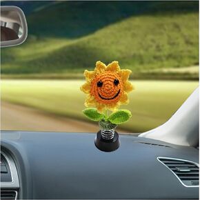 Shaking Sunflower Car Accessories Dashboard Decorations, Smiley Handmade Knitted for Car Interior Home Office Desk Decoration