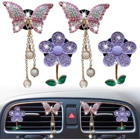 Bling Butterfly Daisy Air Vent Clips, 4 Pcs Butterfly Flower Car Air Fresheners Vent Clips Car Diffuser Vent Clip Car Decoration Cute Car Interior Decor Bling Car Accessories for Women(Pink&Purple)